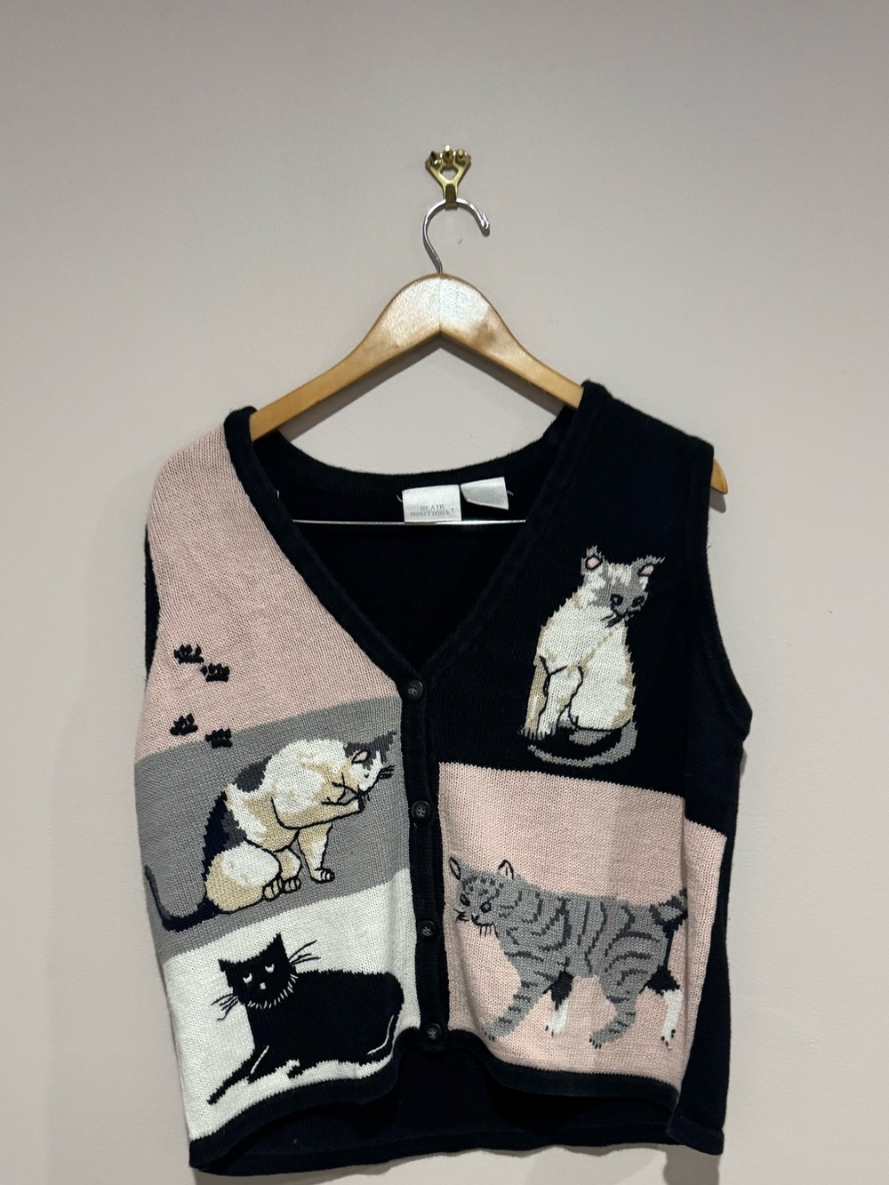 Blair Boutique Vintage Knit Cat Lady Kitty Sweater Vest Pink Black M Colorblock